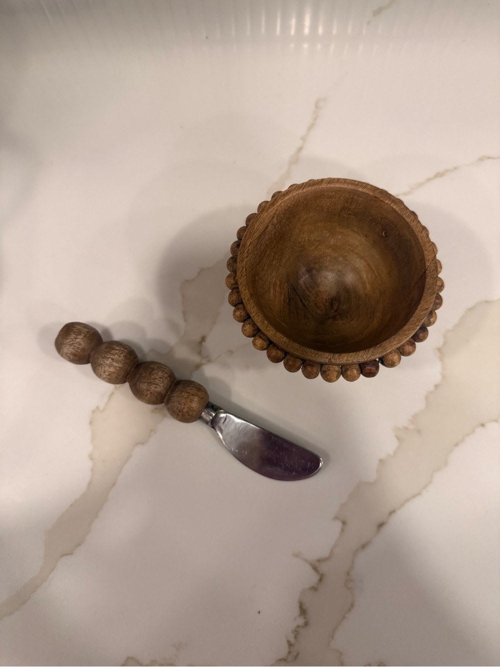 Mud Pie Wooden Beaded Salt Cellar and Spreader - Brown